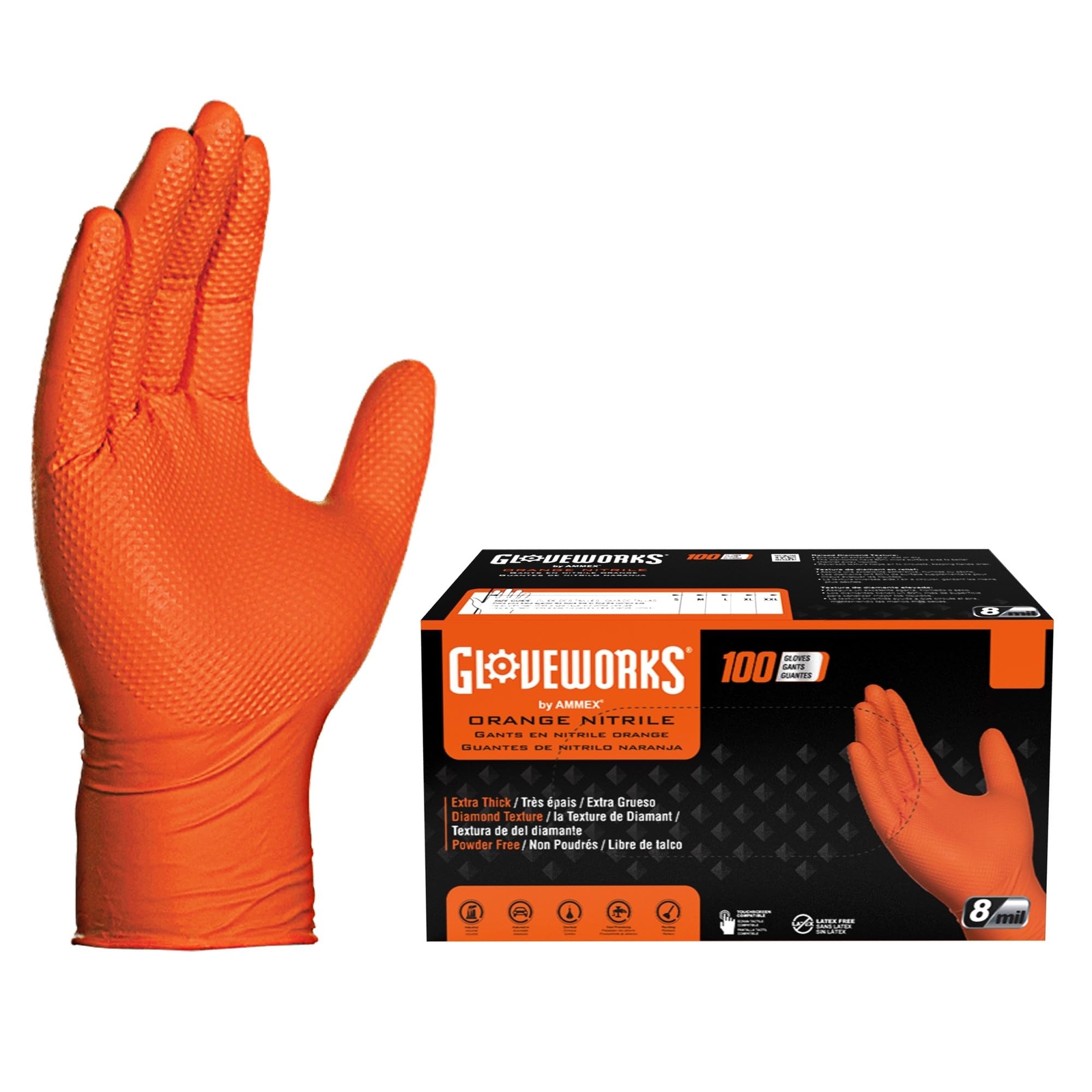 X Large Pack of 100 Heavy Duty Orange Nitrile Gloves for Auto and Industrial Use