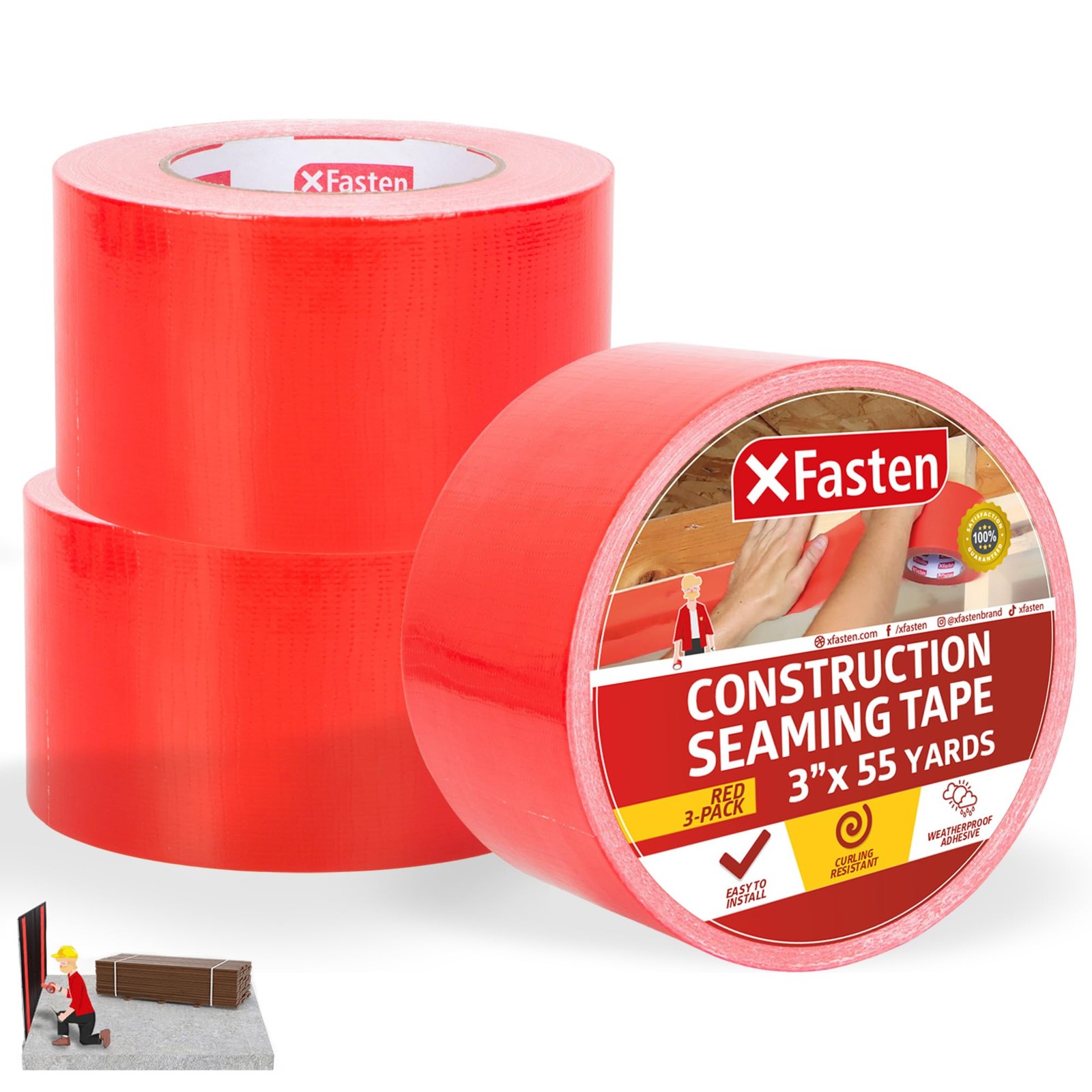 Construction Seam Tape Red, 3 x 55Yds (3-Pack, 495Feet Total) Resin Tape for