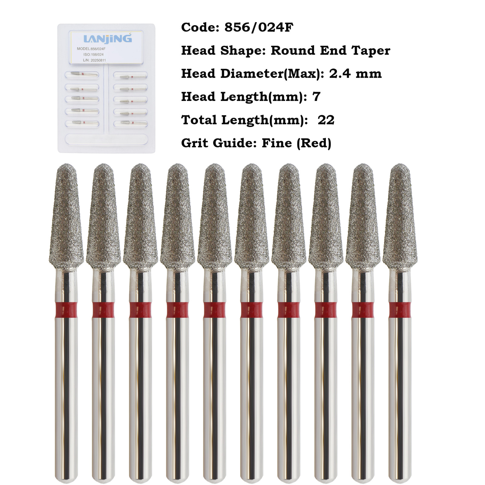 10pcs/pk Dental Diamond Round End Taper Burs 856/024F Fine Grit FG Friction Grip
