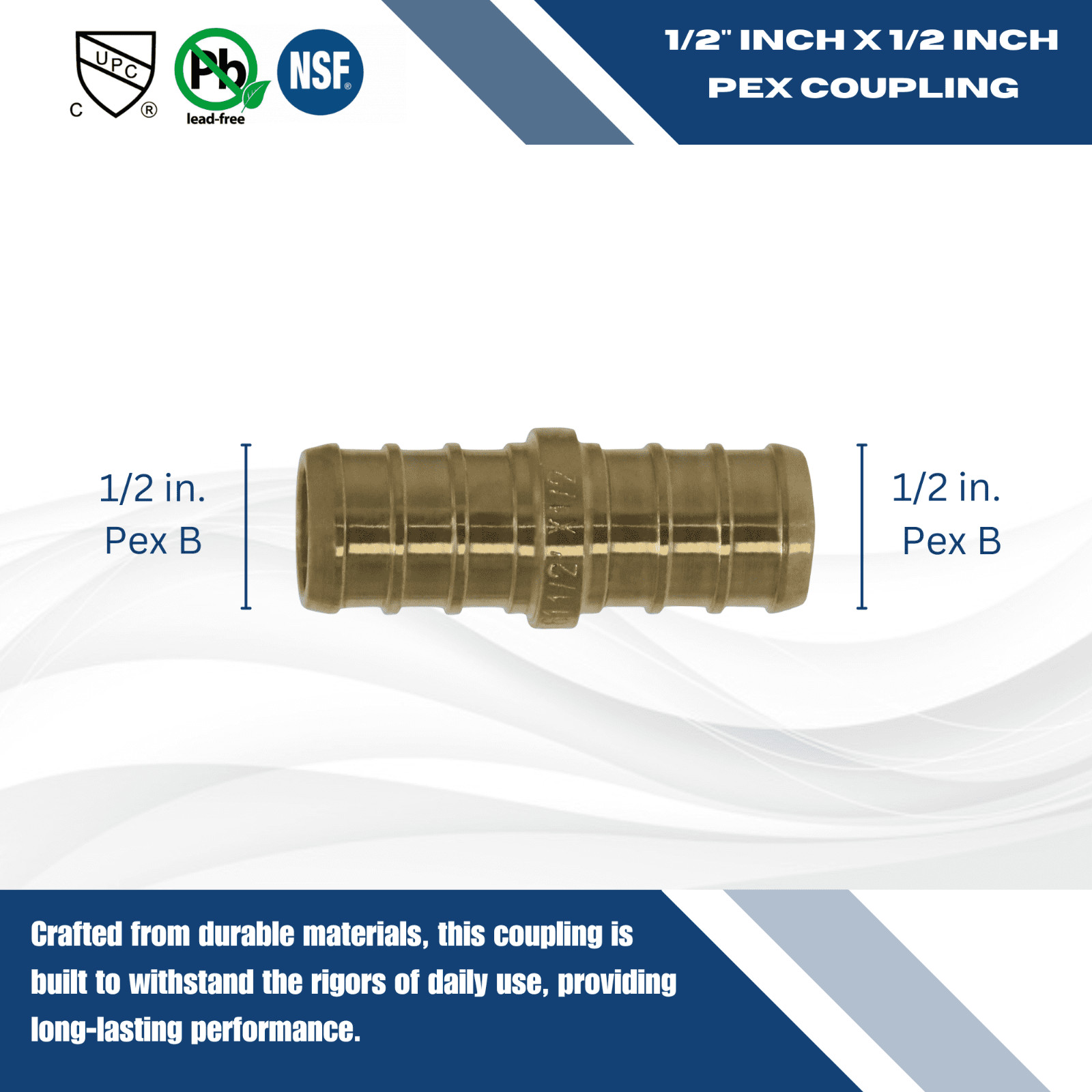 25 Pcs. 1/2″ Pex Coupling – Lead Free Brass, Half Inch Crimp Coupling 23-3-4=25