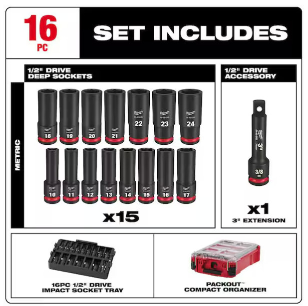 New Milwaukee Tool 49-66-6803 1/2 In Drive Socket Set Metric 16 Pieces