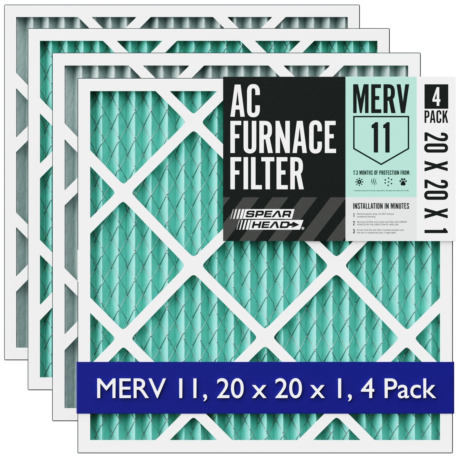 Spearhead ACF11-20201-4 HVAC Furnace Filter 20x20x1 4-Pack MERV 11+ Odor Defense