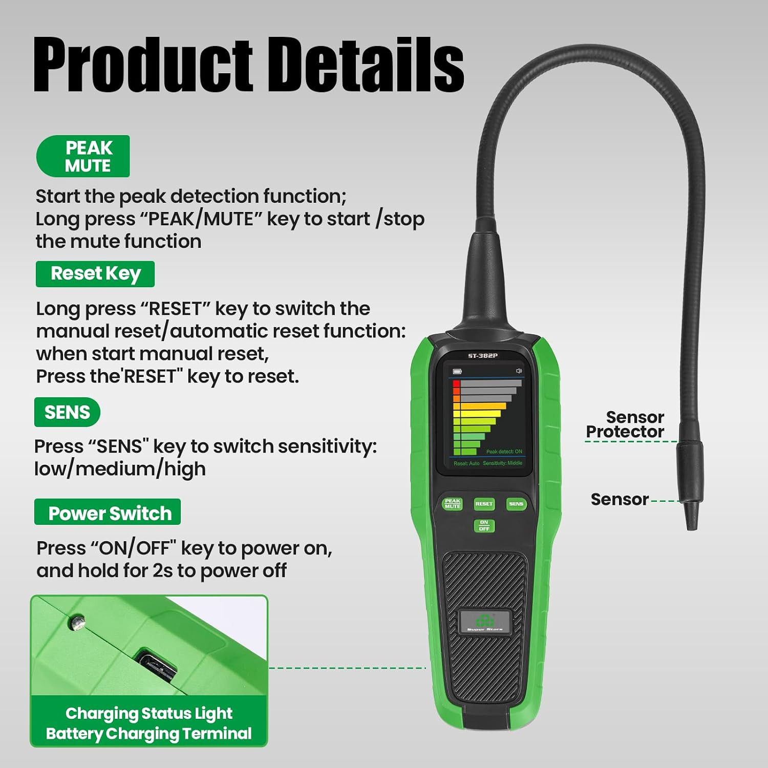HVAC Refrigerant Leak Detector Stainless Steel Sensor Halogen Freon Sniffer, Air