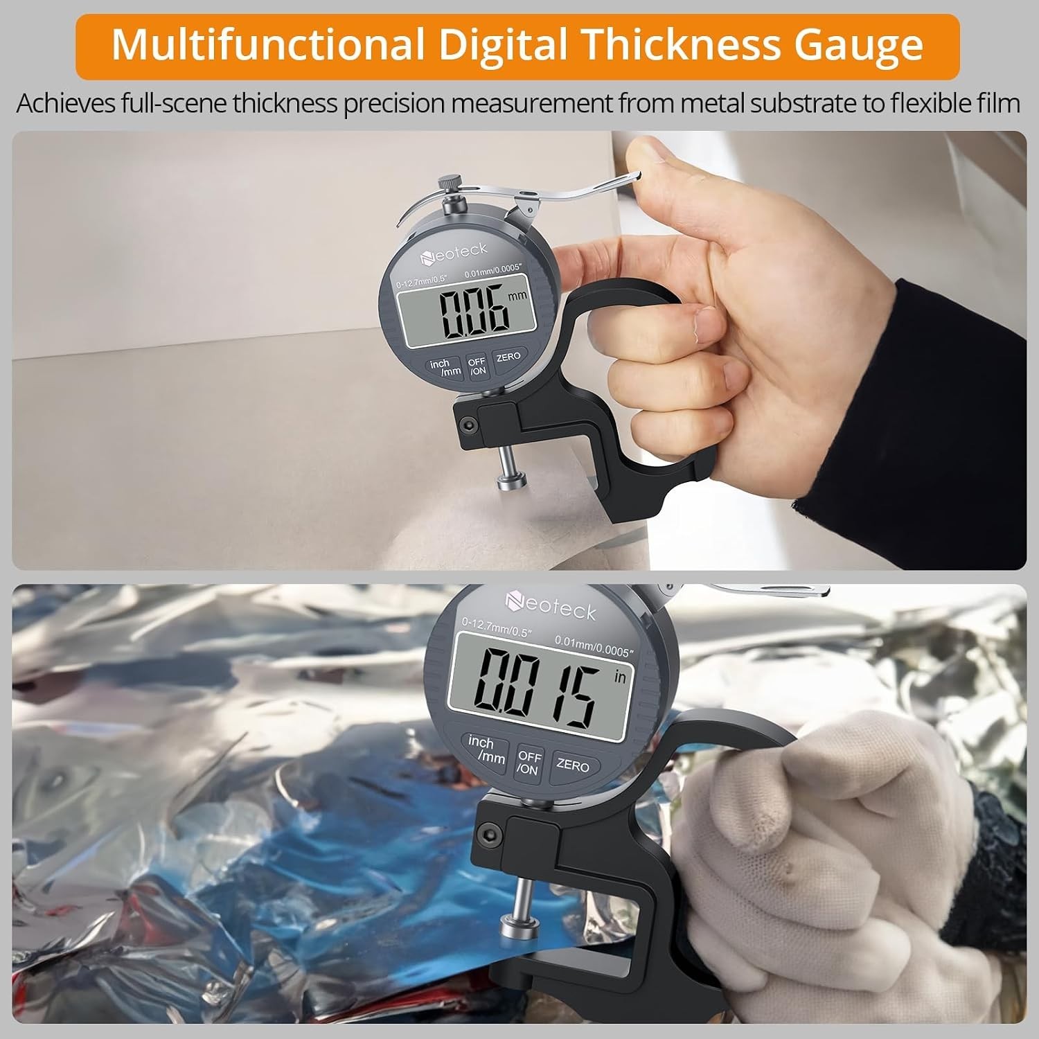 Neoteck Digital Thickness Gauge 0.5in 12.7mm 0.01mm LCD Inch/MM for Leather