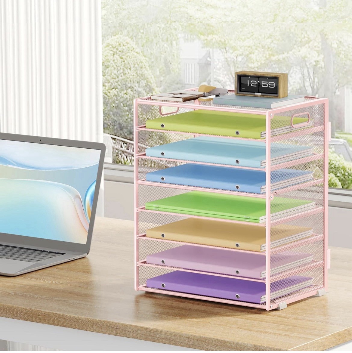 8-Tier Letter Tray Desk Paper Organizer, Mesh File Sorter Tray Organizer – Pink