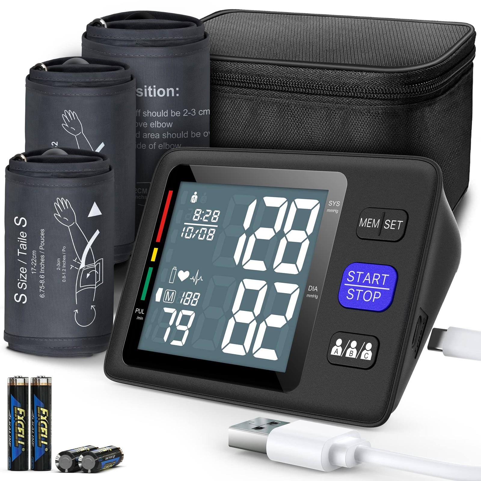 Blood Pressure Machine Upper Arm, 3 Size Cuffs, S, M/L and XL, Small 7″-9″, M…