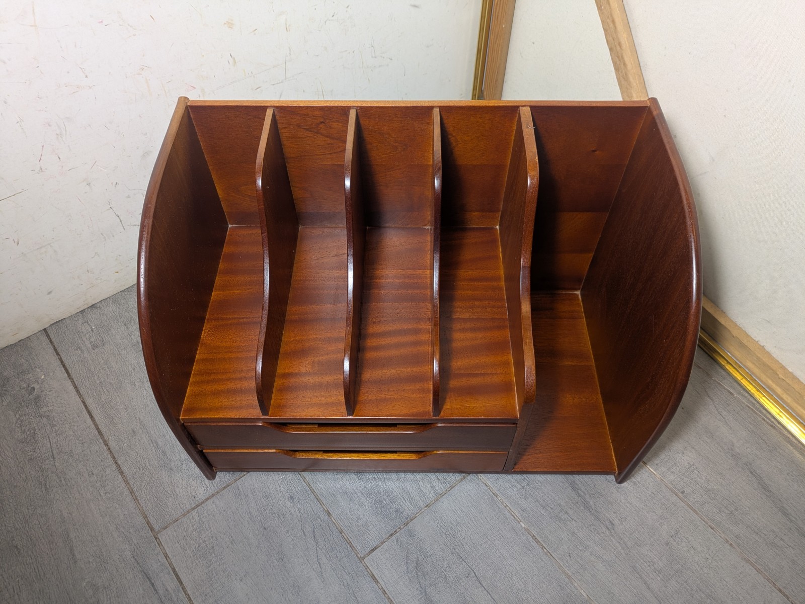 Vintage Mid Century Danish Modern Mahogany Wood Desk Organizer Mail Sorter H66