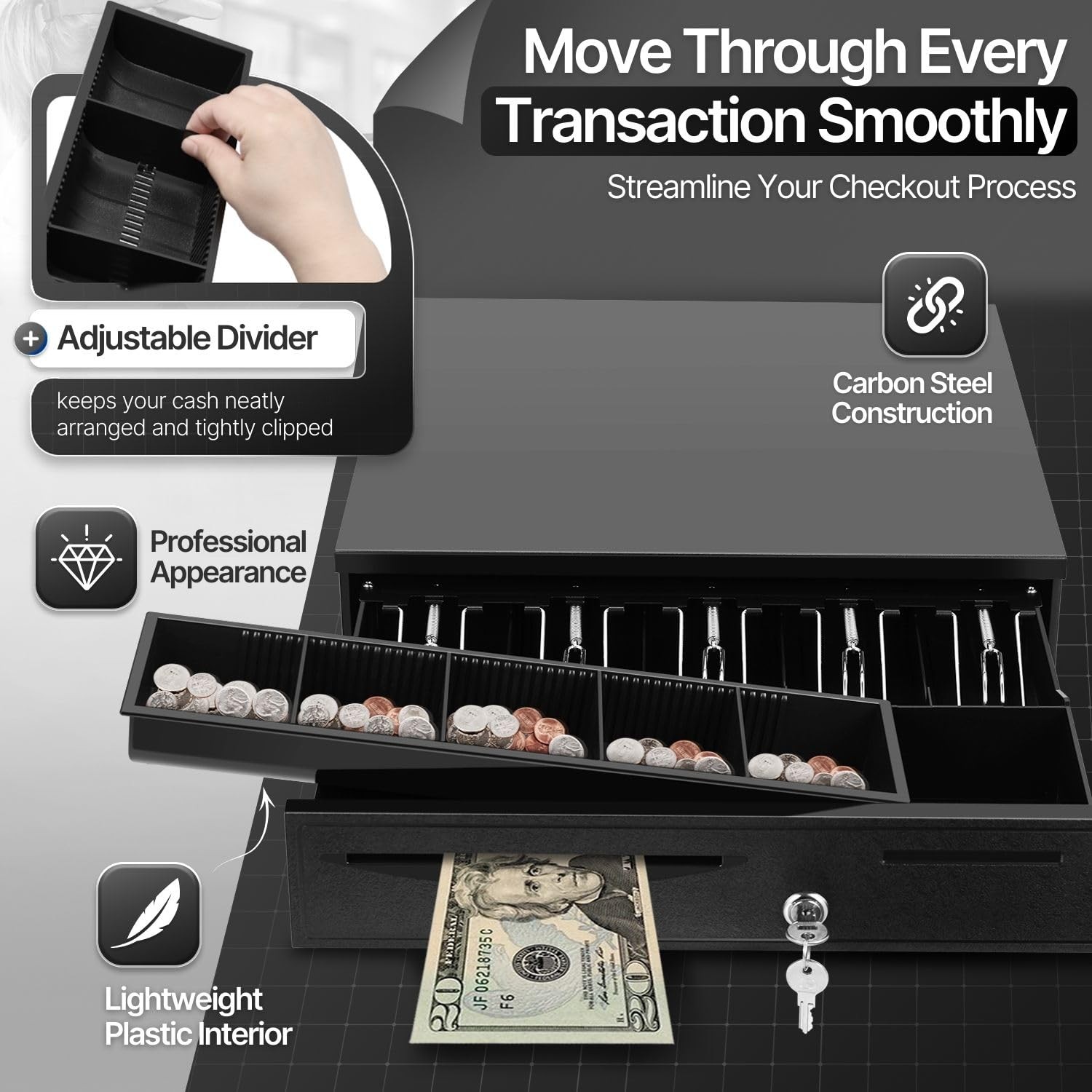 Flexzion Cash Drawer For – 16 Inch Metal Register Rj11/Rj12 Pos Cable 5