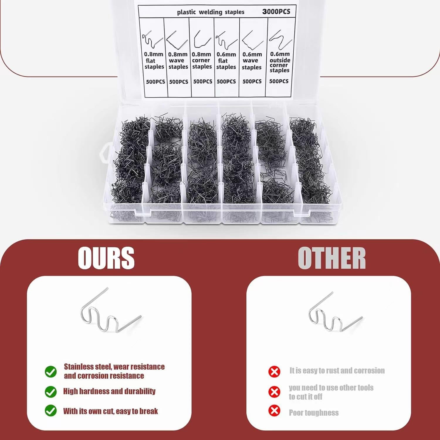 Plastic Welding Staples 3000 pcs,6 Types Hot Staples for Decoration,Auto Repair,