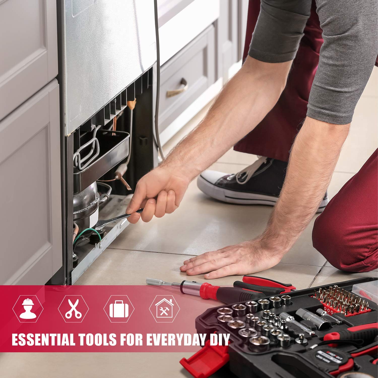 Eastvolt 218PC Household Tool Kit Home Repair Mechanic Toolbox Set Black Red