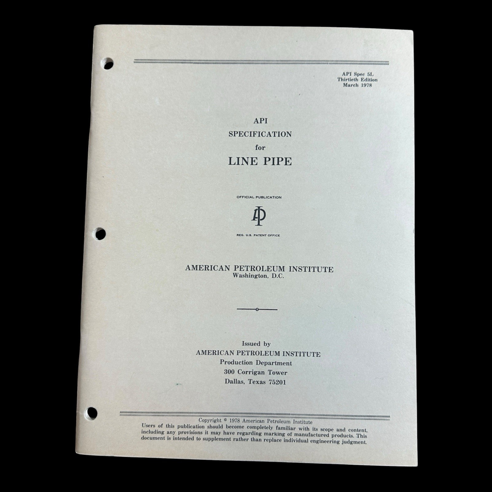 API Spec 5L Specification for Line Pipe 30th Edition March 1978 Manual