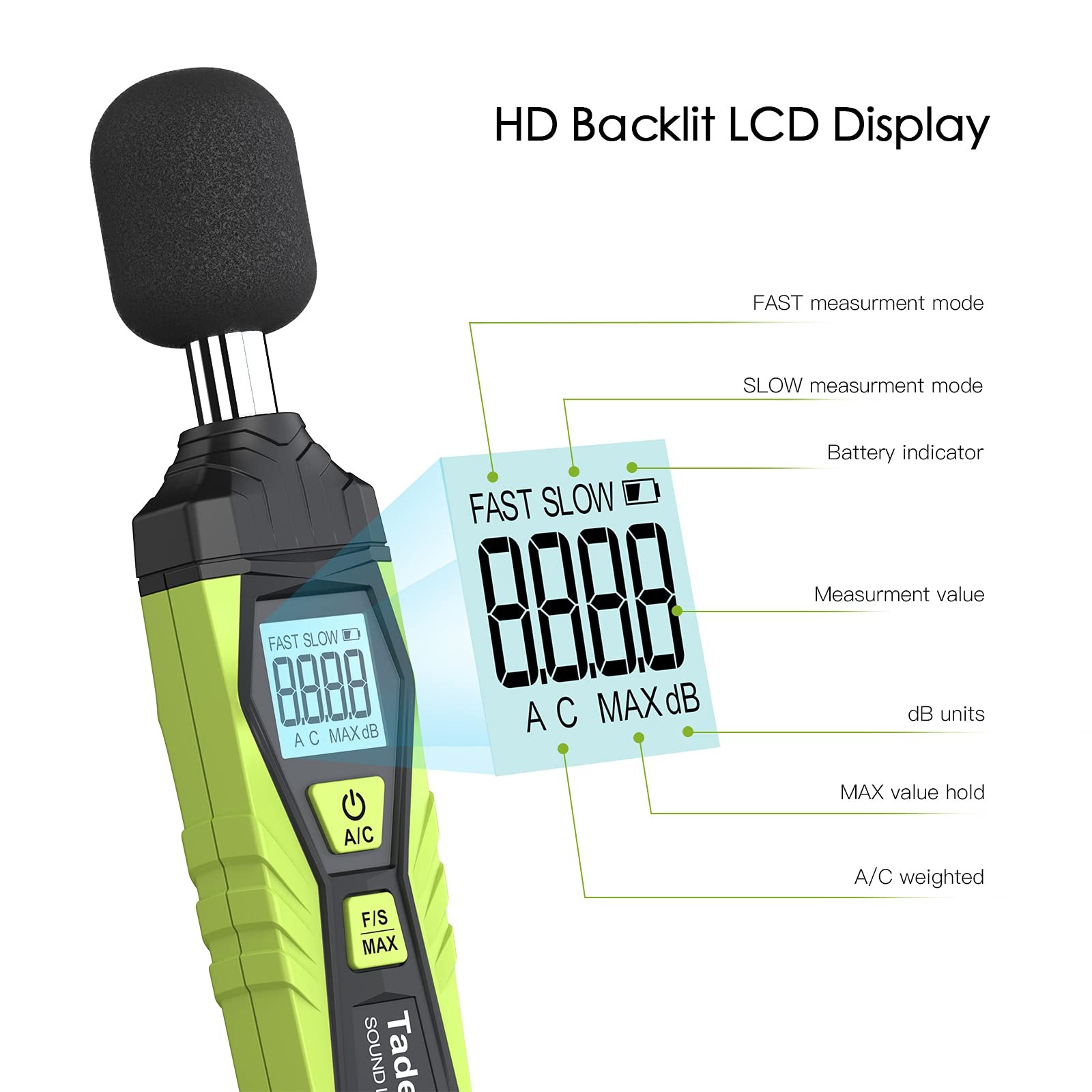 Digital Sound Level Meter 30-130dB SPL, LCD Backlight, A/C Weighted, Data Hold
