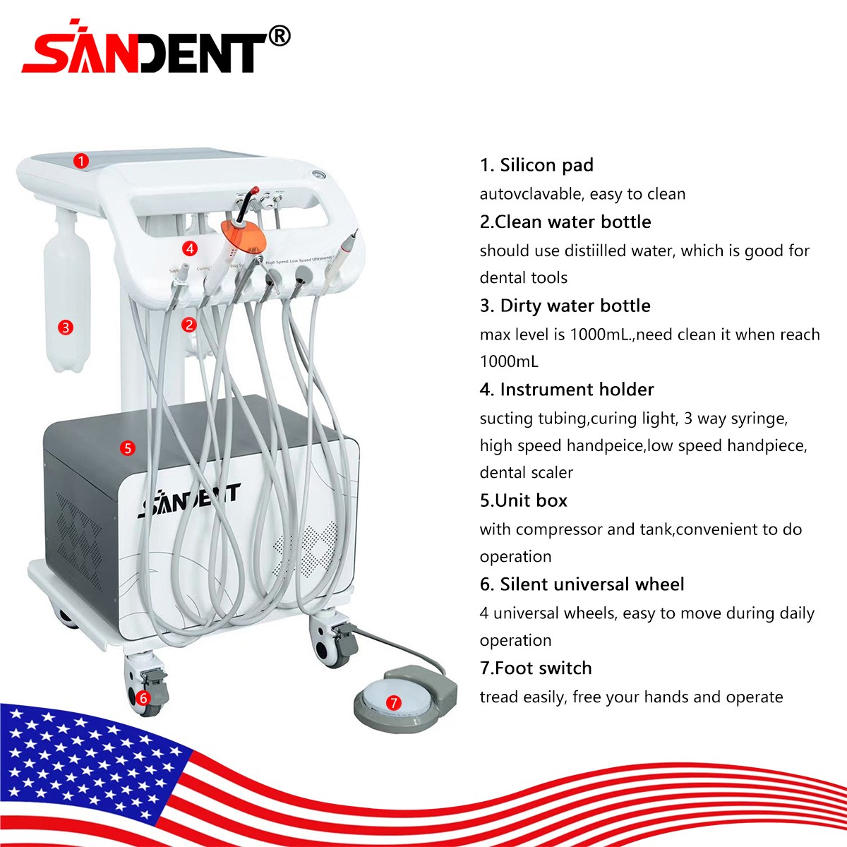 FDA Dental Portable Delivery Unit Syringe Suction Turbine w 4H Air Compressor