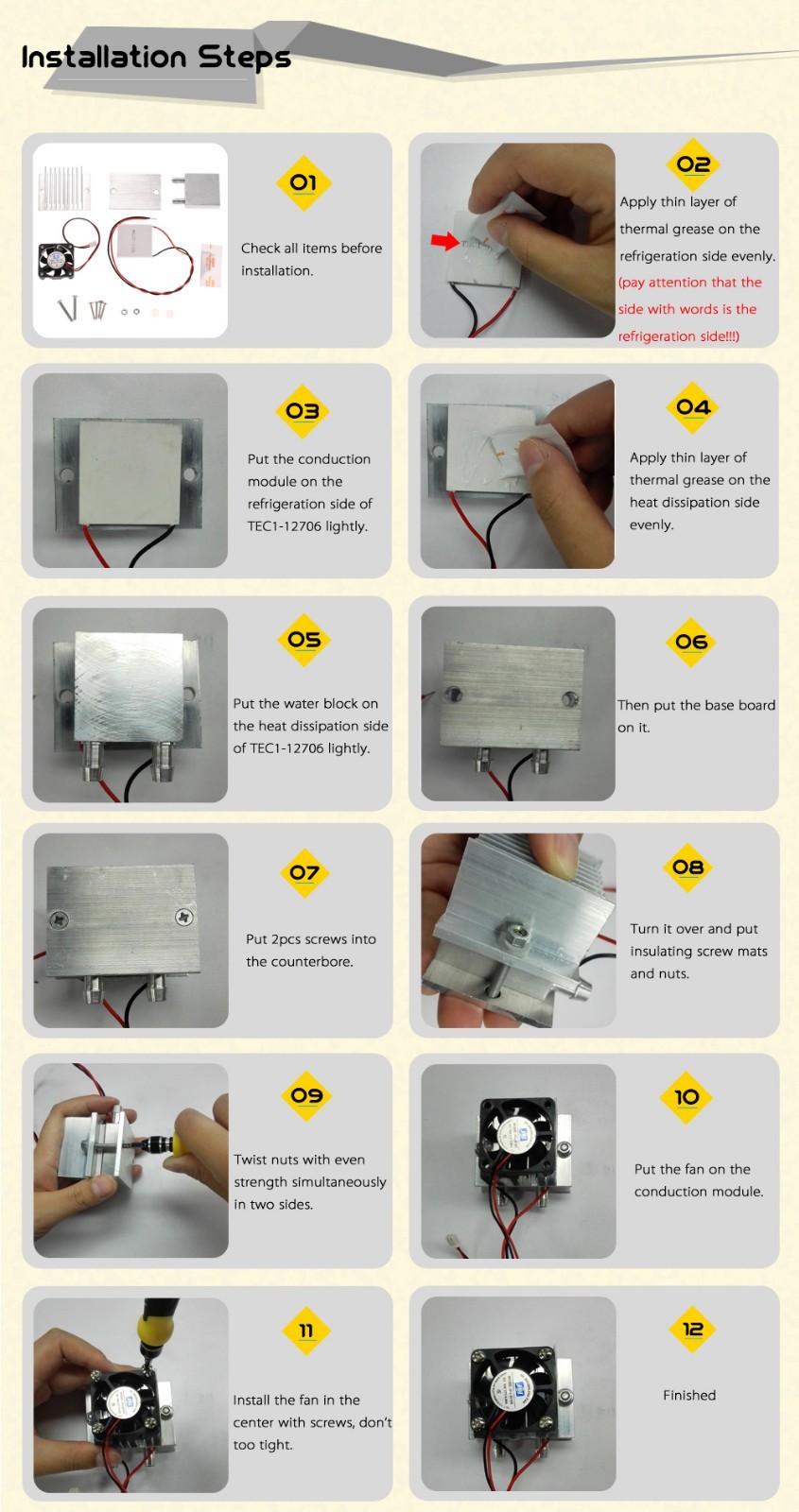 TEC1-12706 Thermoelectric Peltier Cooler Refrigeration Cooling System Heat Sink