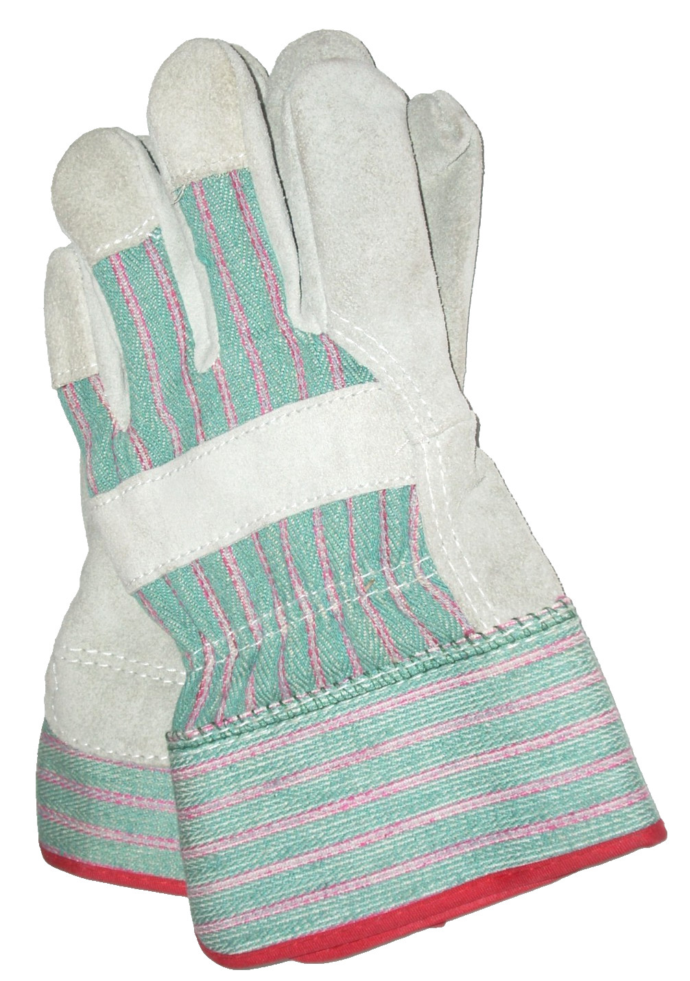 Leather Palm Canvas Back Work Gloves Gray/Green Red Seam Size Small