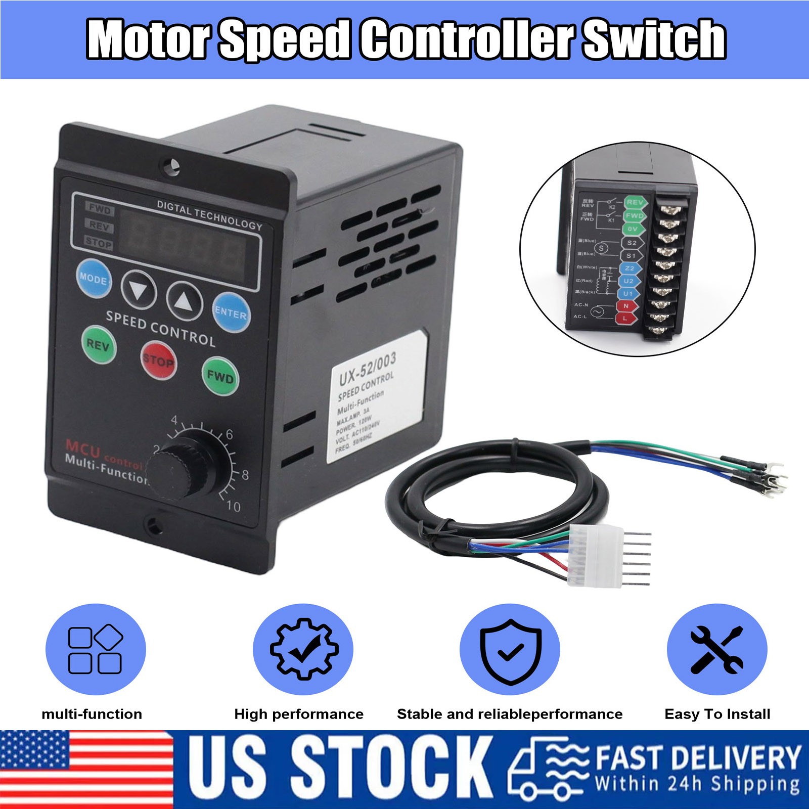 120W AC 110V 3A Digital Motor Speed Control MCU Controller Target Value Settable
