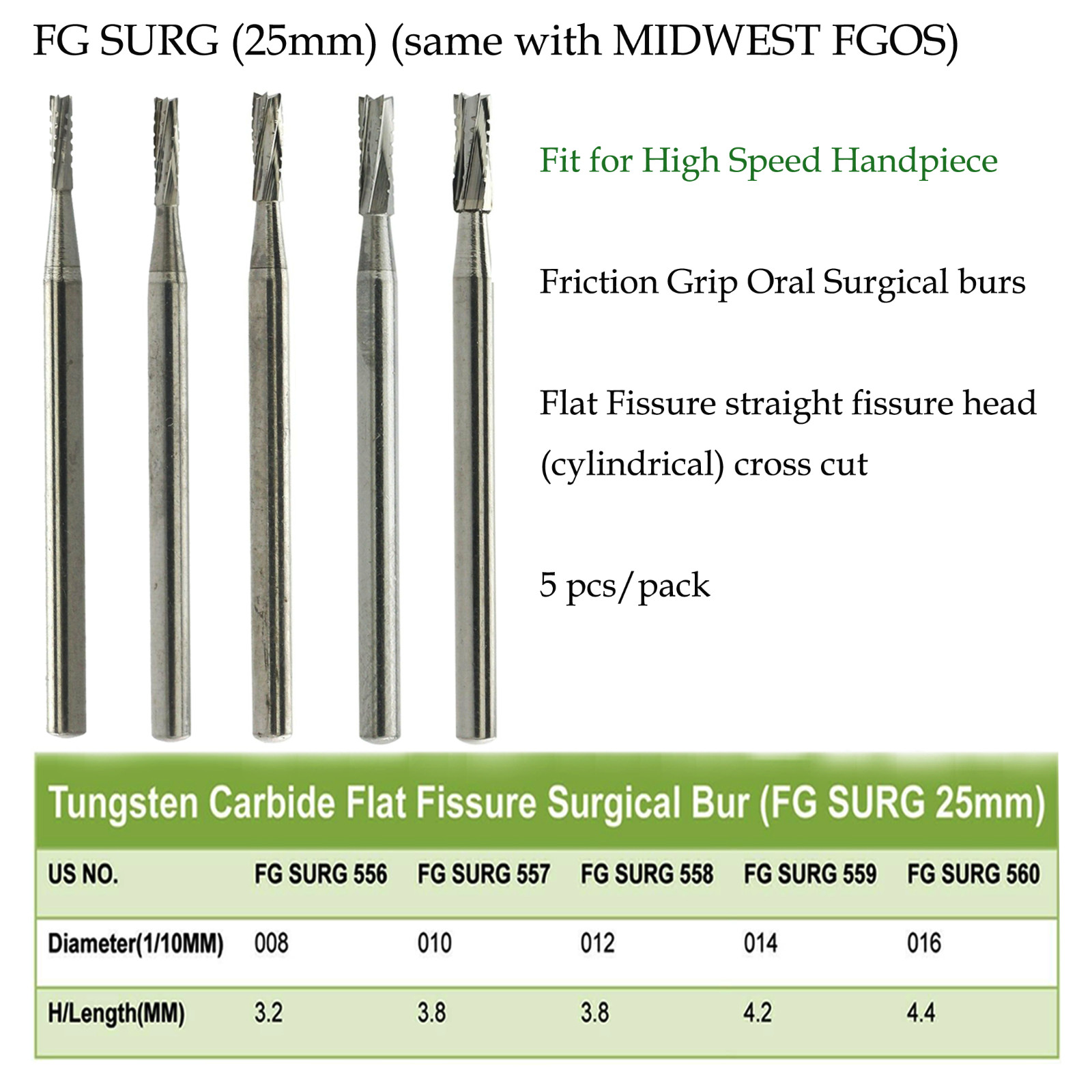 Wave Dental Surgical Carbide Burs Long Shank 558 557L FG SURG Straight Fissure
