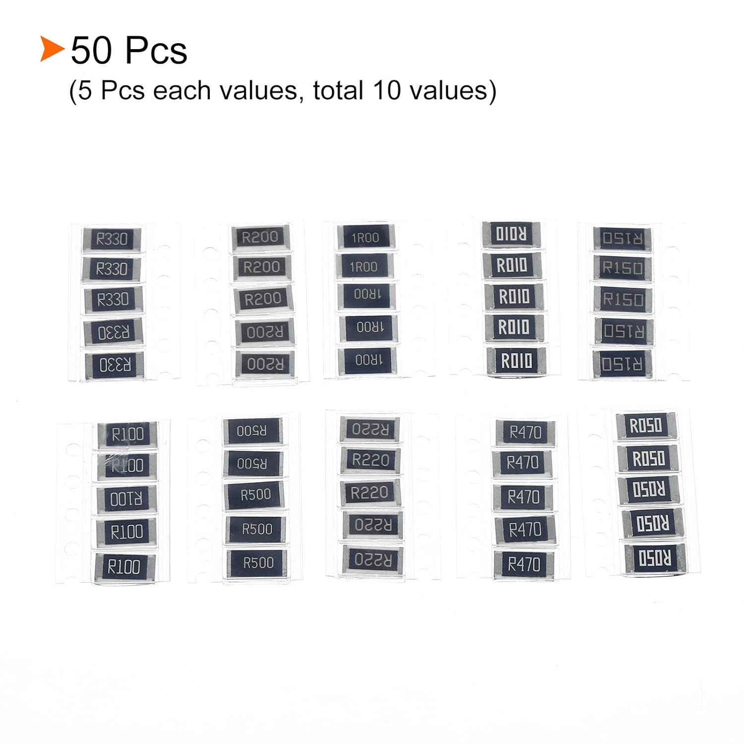 2512 Surface Mount Device Resistor Kit, 1Set/50Pcs 0.01R-1R Ohm 10 Values 1% Tol