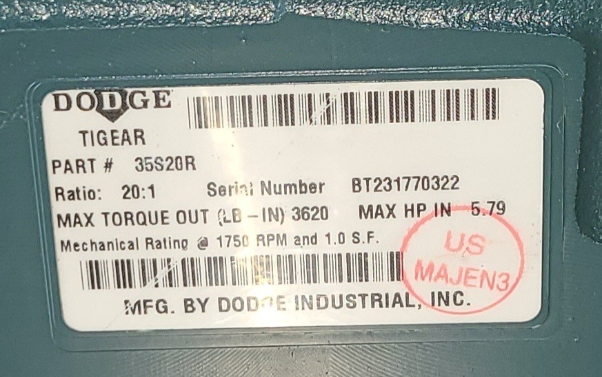 Dodge 35S20R TIGEAR-2 Right Angle Worm Gear Reducer 20:1 Ratio