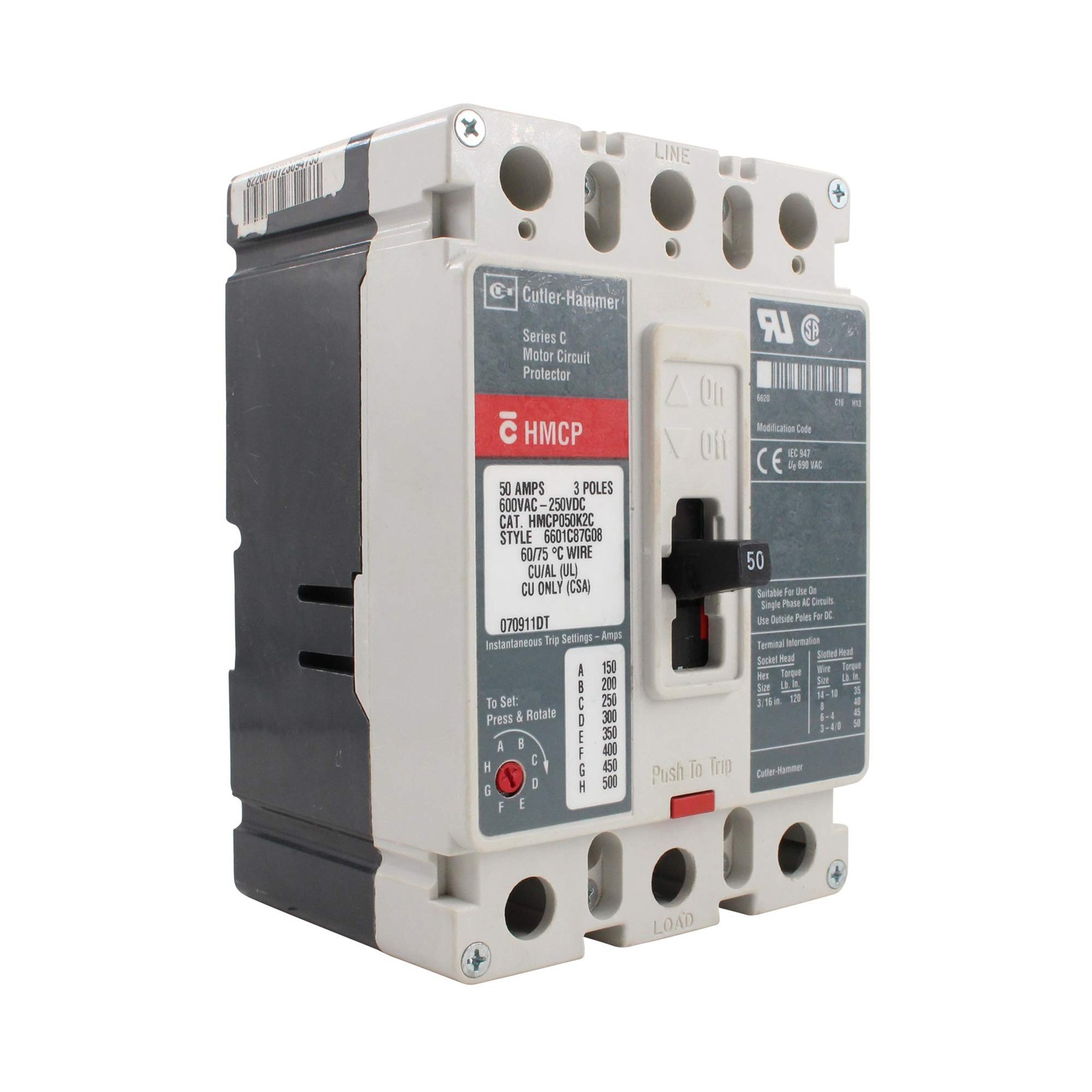 Eaton Cutler-Hammer CHHMCP050K2C C-H HMCP050K2C 50A HMCP 3P 480V L/L STL, Black