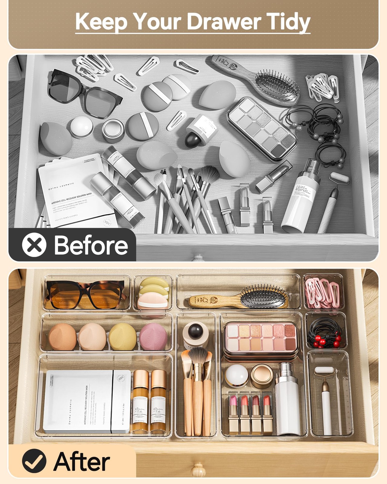 KEMETHY 25 PCS Plastic Drawer Organizers Set, 4 Sizes Vanity Organizer Clear