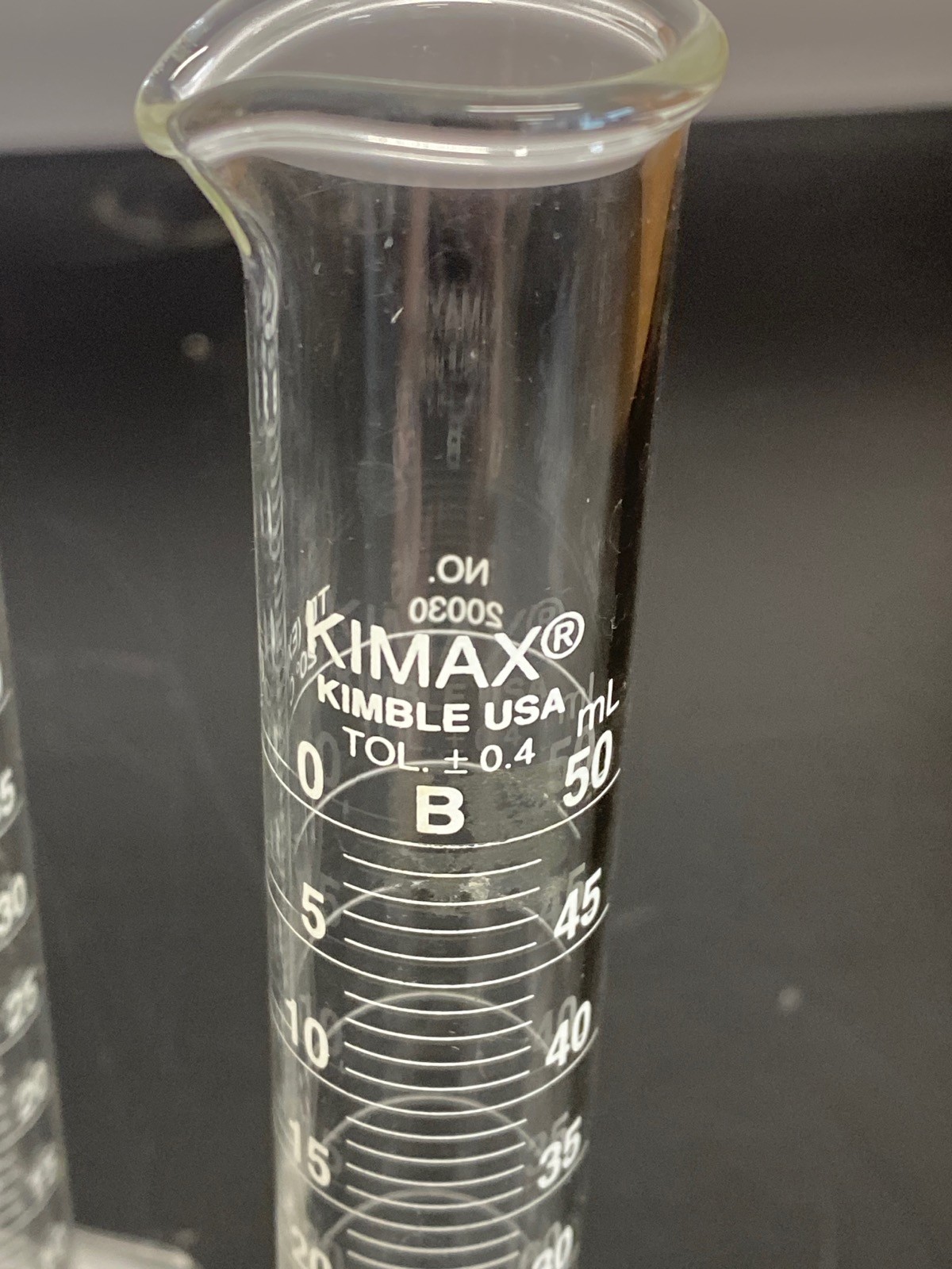 (6) Used KIMAX Glass Class B 50mL TD Single Scale Graduated Cylinder 20024-50
