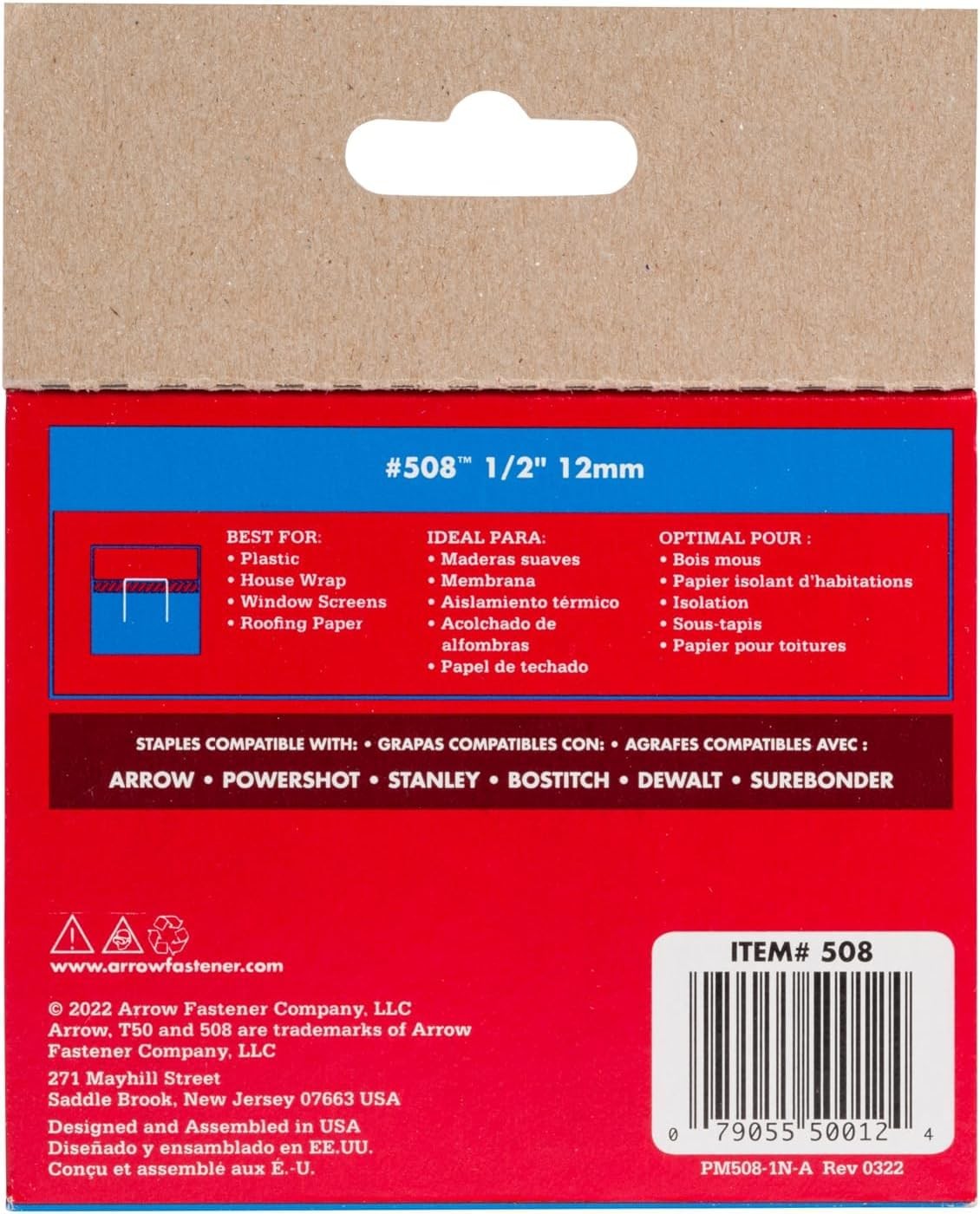 Arrow 508 Heavy Duty T50 1/2-Inch Leg Length, 3/8-Inch Crown, Staples for