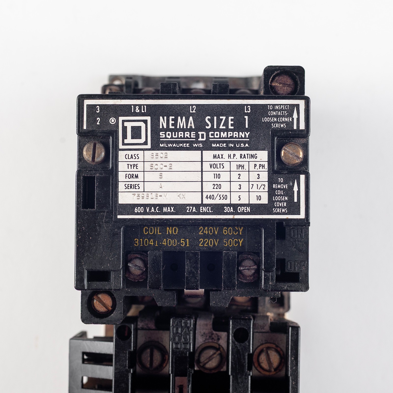 SQUARE D ~ 8502 SCO-2 Form S Series A 600V NEMA Size 1 Contactor w/Enclosure