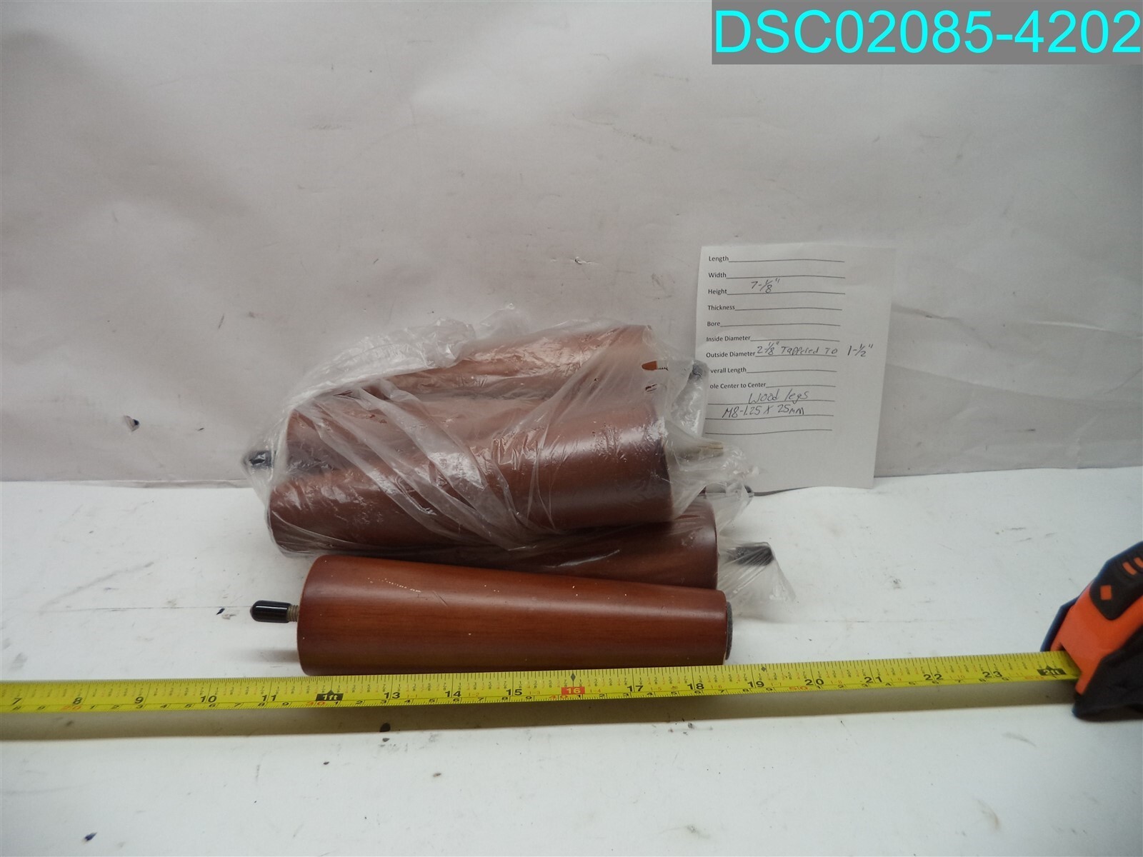 QTY=7: WOOD LEG’S M8-1.25 X 25MM 7-/18″ L X 2-1/8″ OD TAPERED TO 1-1/2″