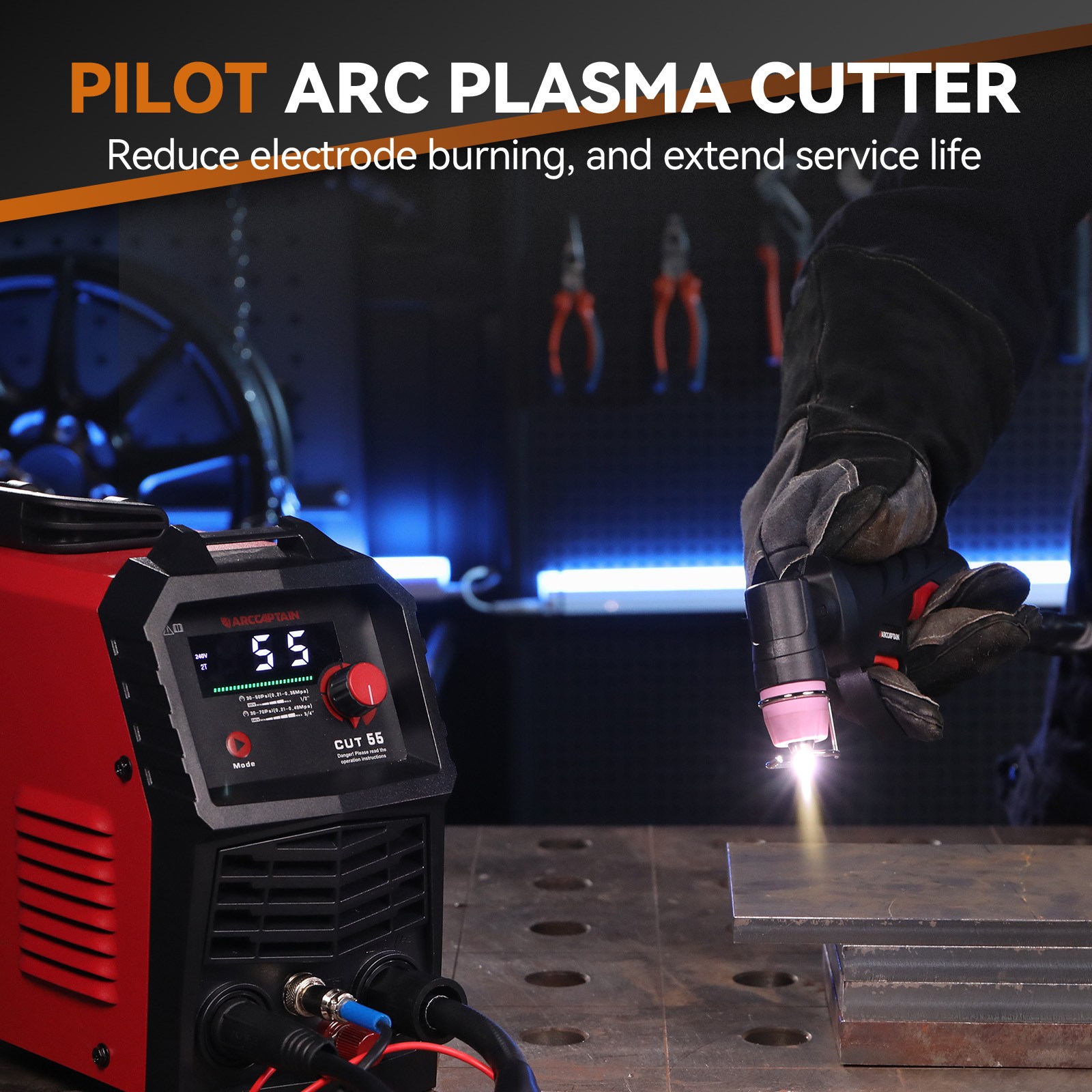 Arccaptain CUT55 LED Pilot Non-Touch Pilot Arc Plasma Cutter with Welder Helmet