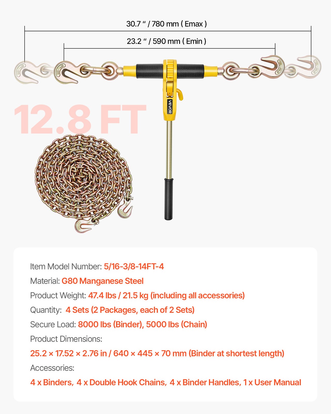 VEVOR 4 Pack Ratchet Chain Binder 5/16″-3/8″ G80 Chains Load Binder for Towing