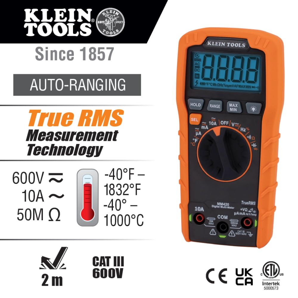 MM420 Digital Multimeter, Auto-Ranging TRMS Multimeter, 600V AC/DC Voltage, 10A