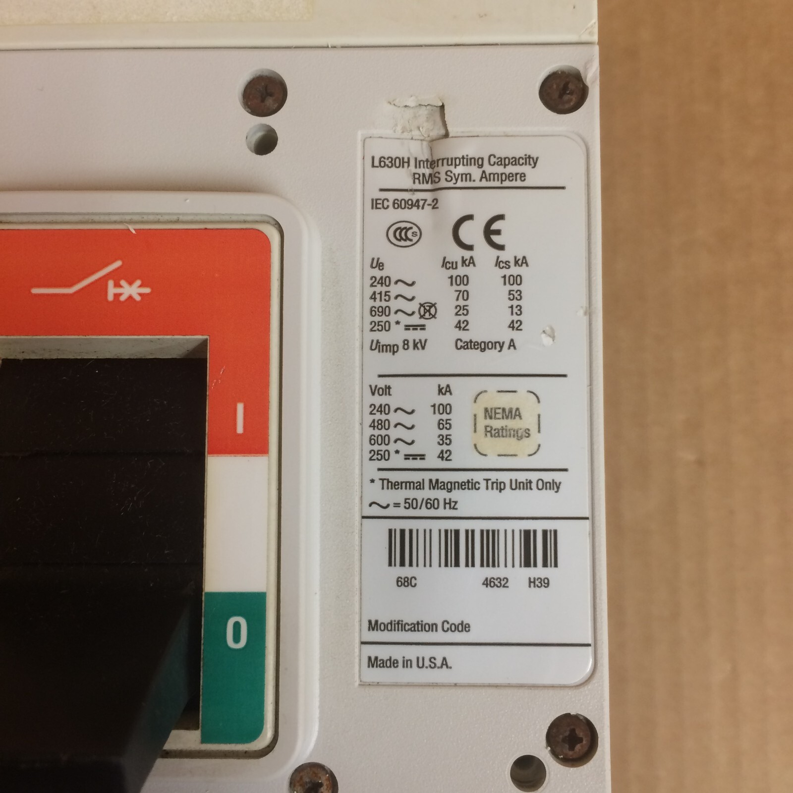 Eaton Cutler Hammer L630H LGH3630NN 600amp 3pole circuit breaker 480V 3P NICE!