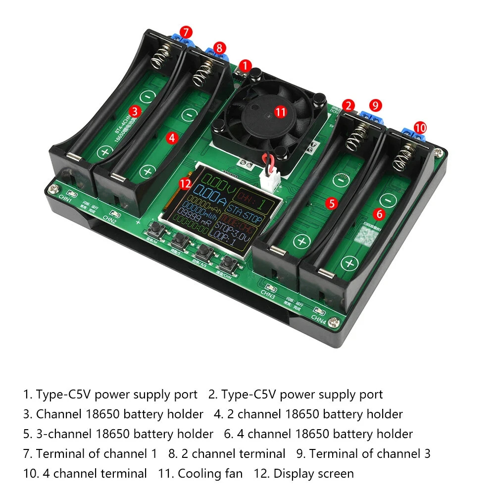 4-Way 18650 Battery Capacity Internal Resistance Tester Auto Charge Discharge