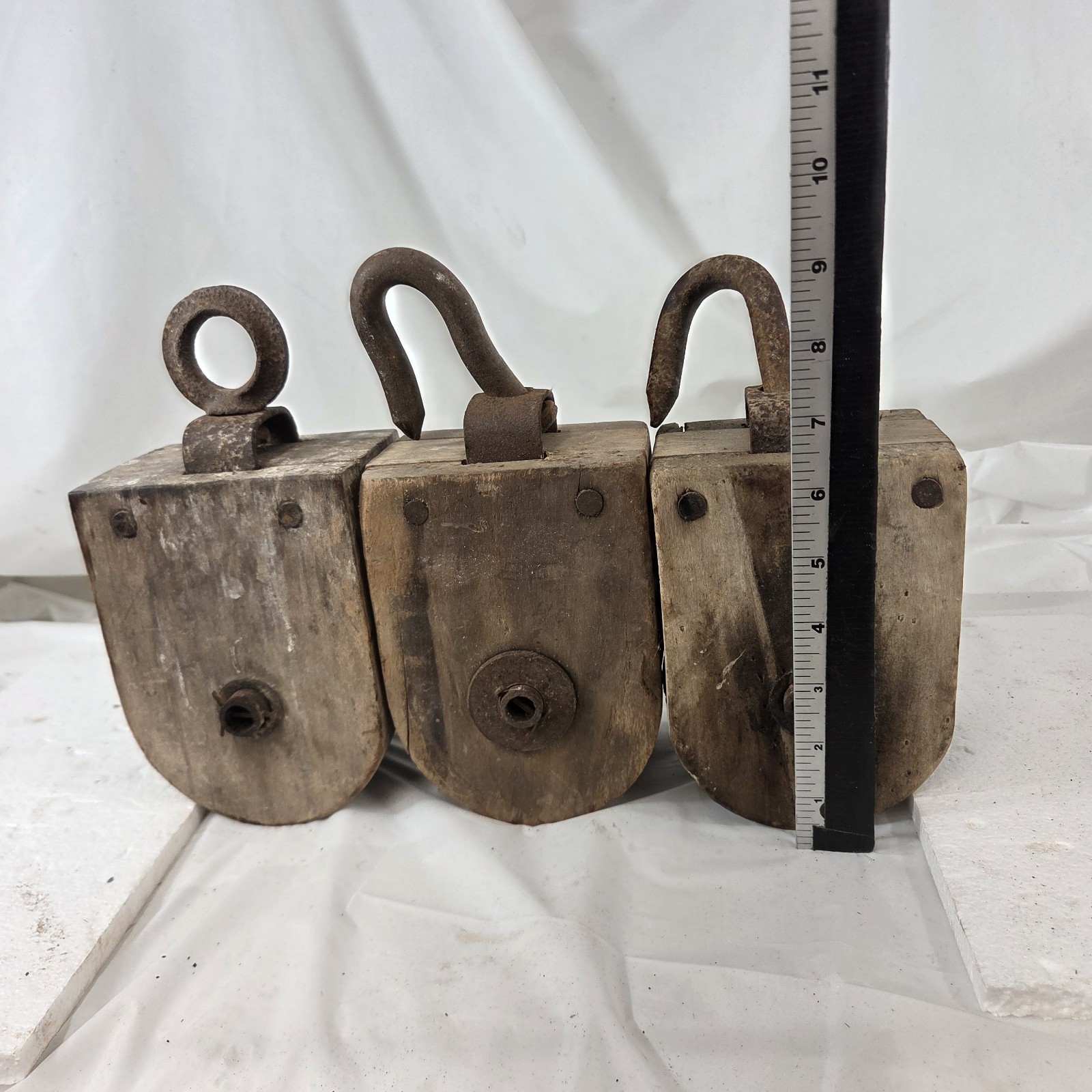 Lot 3 Vintage Wood Pulley Blocks Rustic Barn Farmhouse Industrial Decor Art
