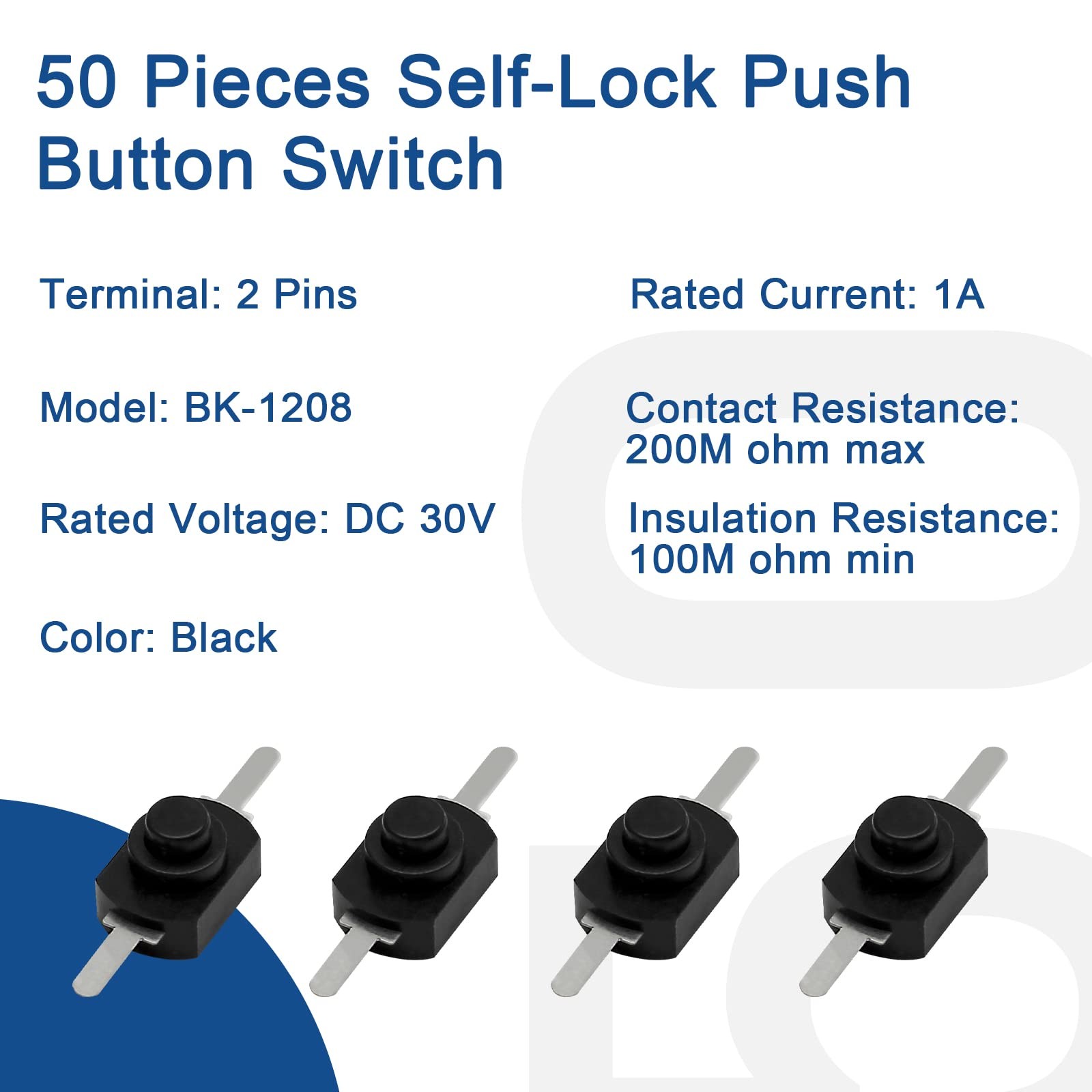 50pcs Black Latching Mini ON/Off Switch Self-Lock Micro Push Button Switch DC 30