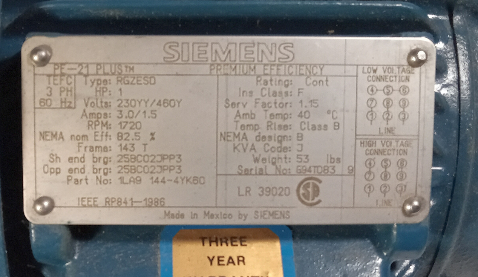 1 USED SIEMENS PE-21 PLUS RGZESD 1 HP 1720 RPM ELECTRIC MOTOR ***MAKE OFFER***