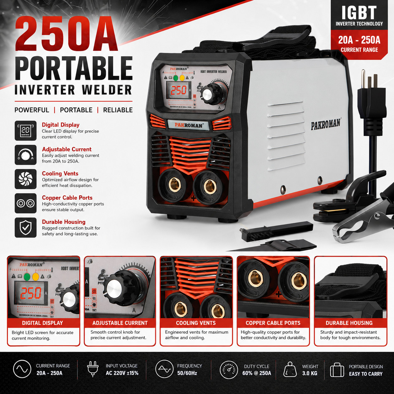 250A Portable Inverter Welder 110/127V ARC MMA Welding Machine Kit 50/60Hz