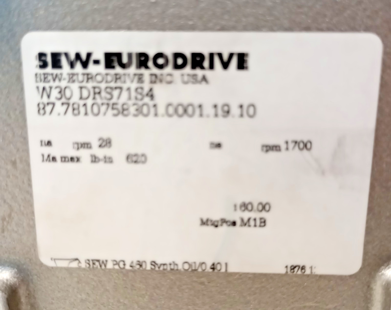 SEW Eurodrive W30-DRS71S4-60.0 Used GearMotor 3ph 1700/28rpm 230/460V Ratio 60:1