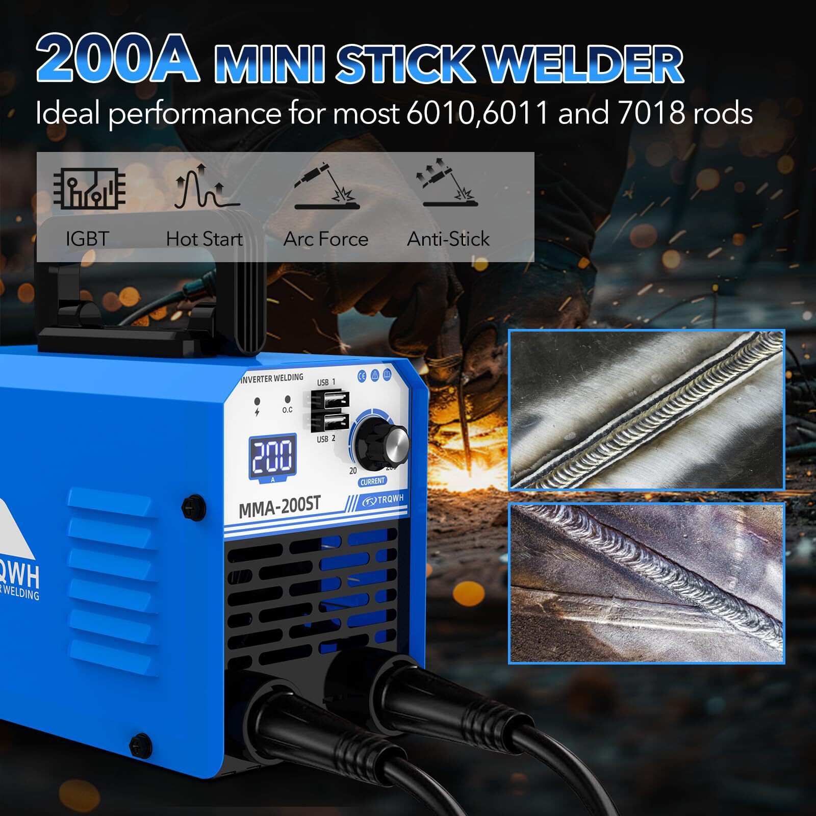 TRQWH 200A ARC Welder, 110V Portable Stick Welder with IGBT and Digital Display