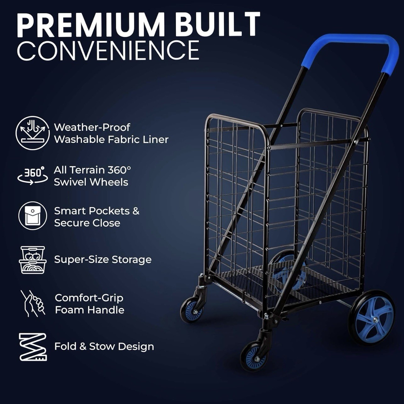 SereneLife Large Folding Utility Shopping Cart with Removable Liner – (Blue)