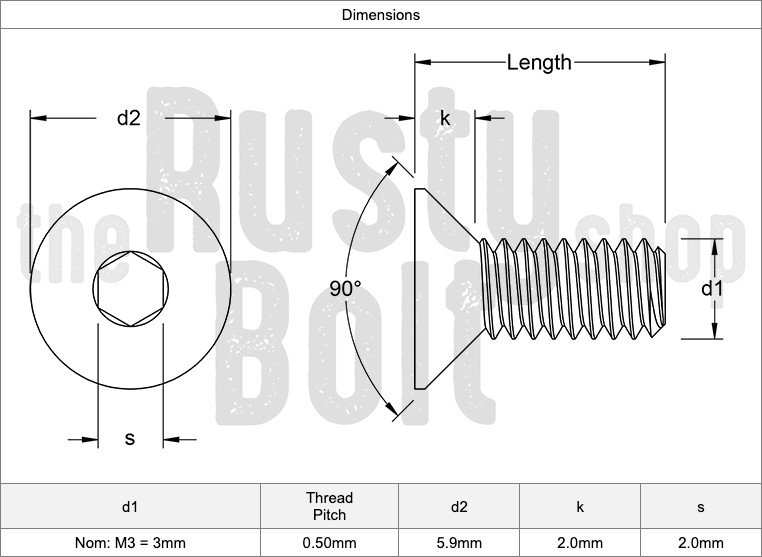 M3 x 4mm, Socket Flat Head Screws, A2 304 18-8, Stainless Steel