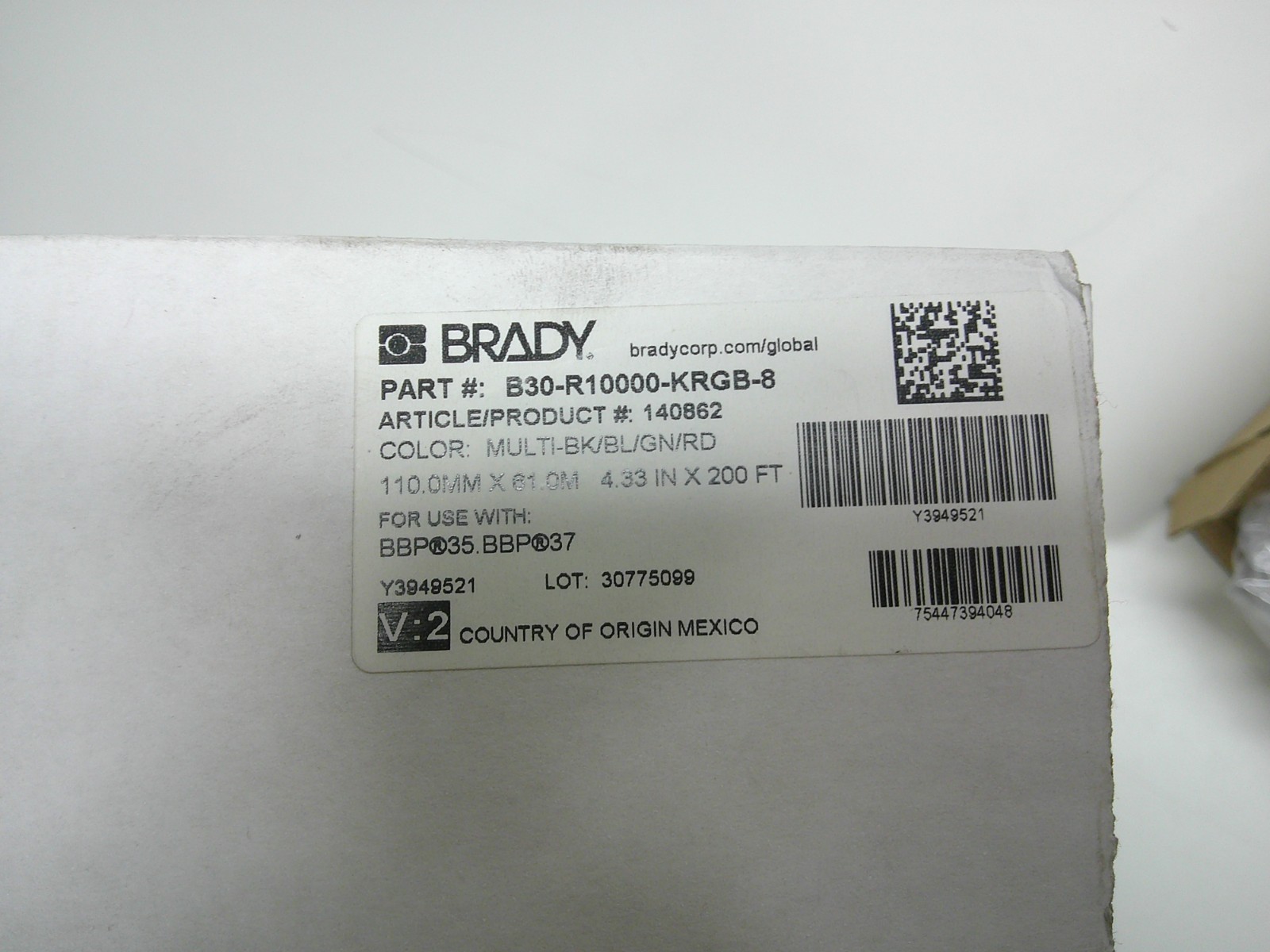 Brady B30-R10000-KRGB-8 Black/Blue/Green/Red Printer Ribbon Roll