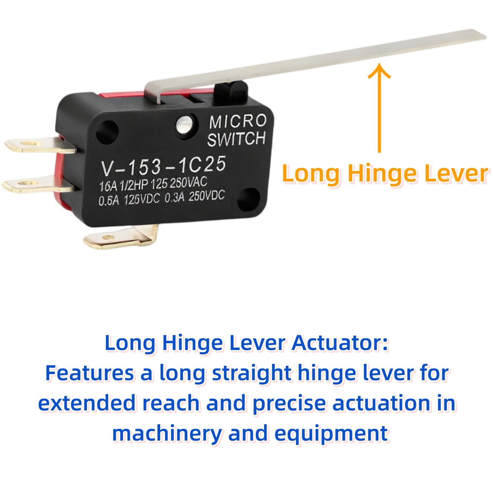 12 Pcs Micro Limit Switch with Long Hinge Lever (V-153-1C25), Black