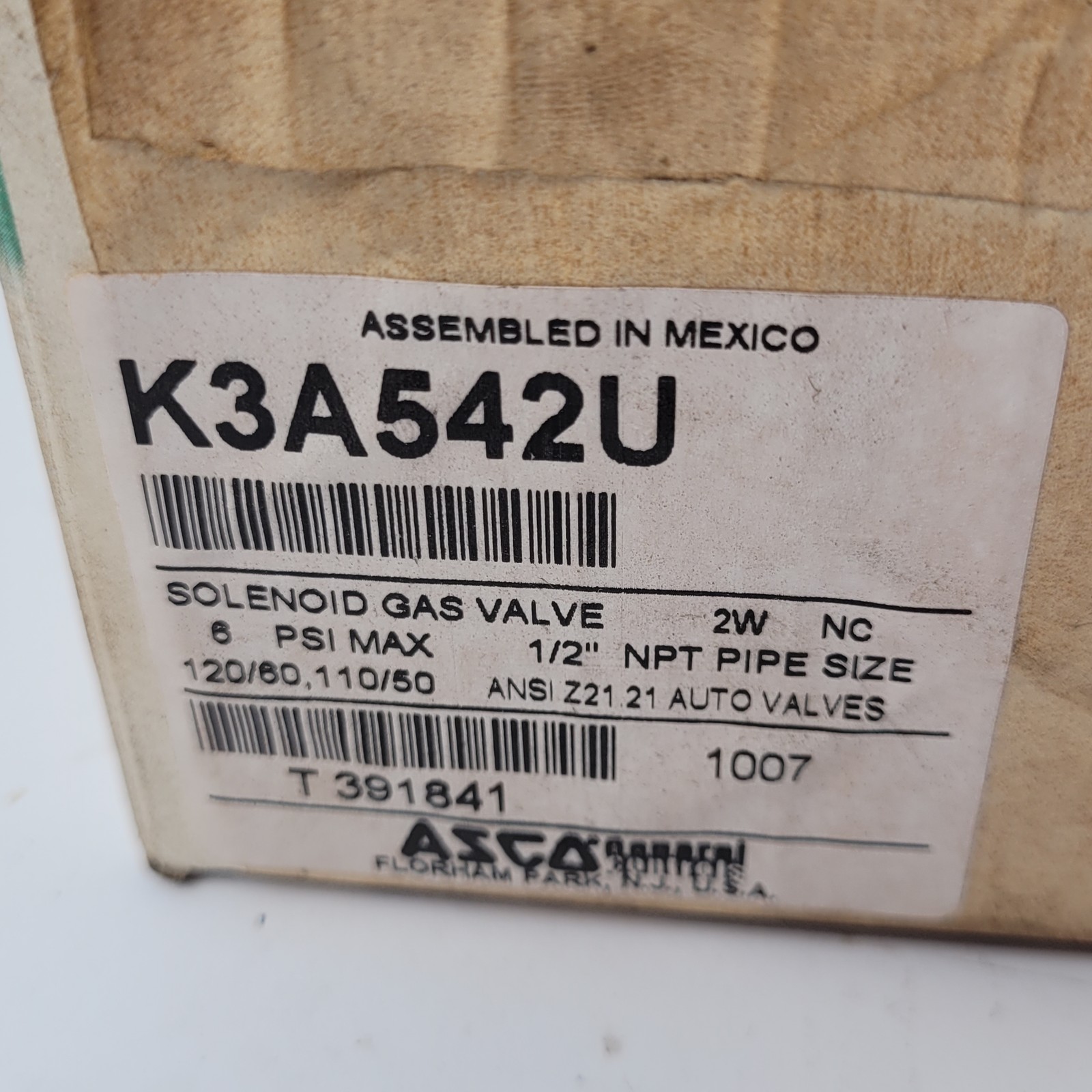 ASCO K3A542U Solenoid Gas Valve, 2 Way, 1/2″ NPT, 120V, 6 PSI Max – NEW