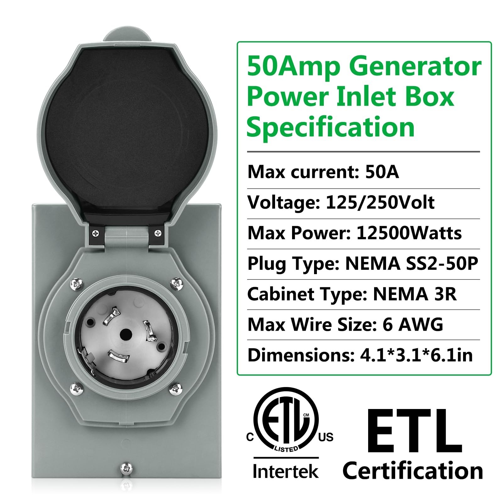50 Amp Generator Power Inlet Box, ETL Listed NEMA SS2-50P | Power Inlet Box f…