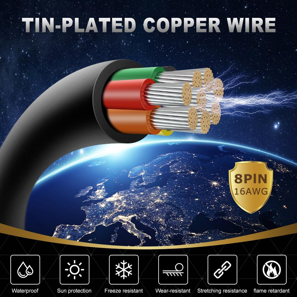 16 Gauge 8 Conductor Electrical Wire, 10FT 16AWG Black PVC Stranded Tinned Coppe