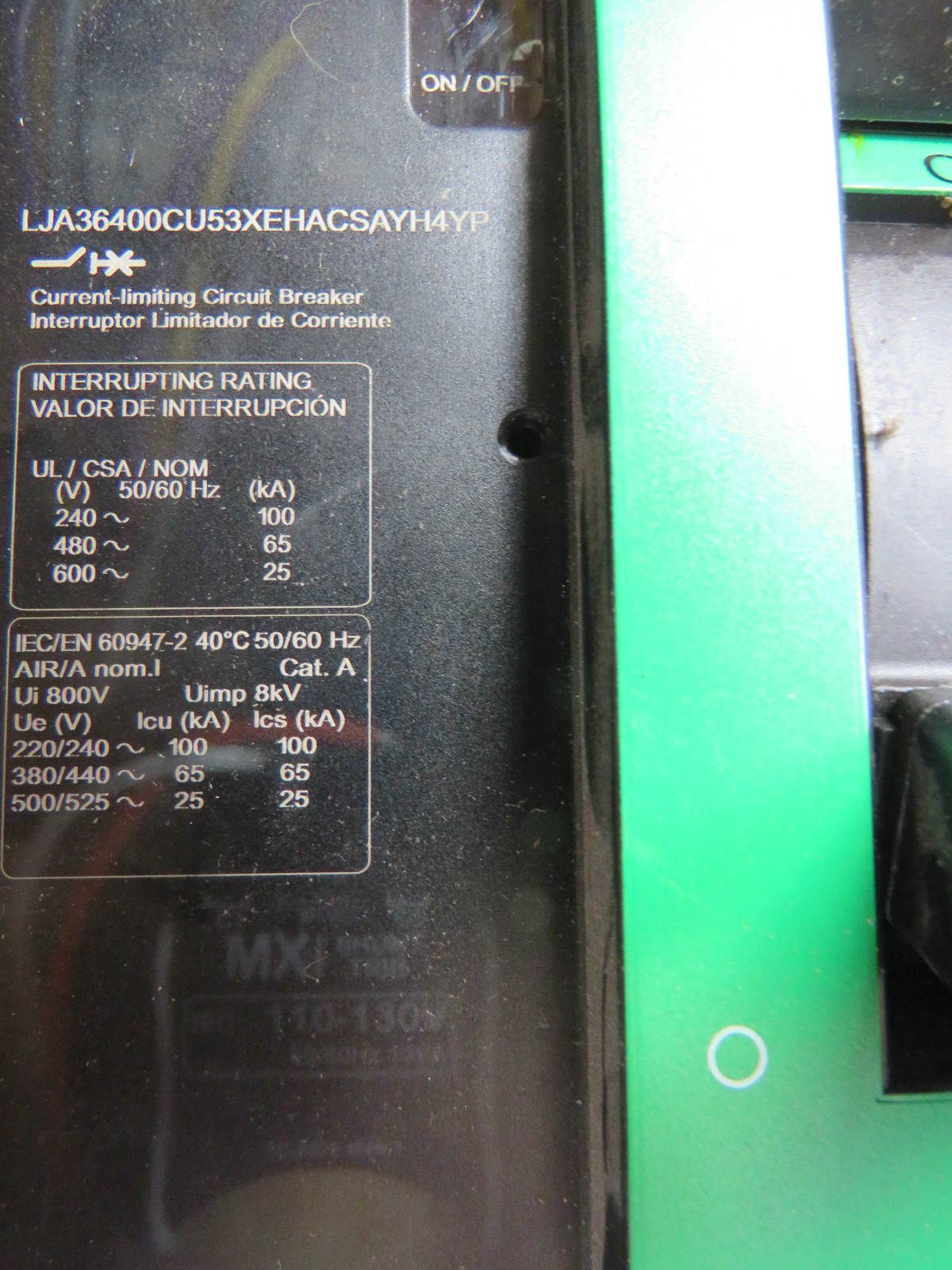 SQUARE D POWER PACT LJA36400 400A,3P, 600V I-LINE CIRCUIT BREAKER