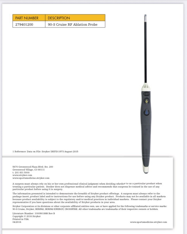 STRYKER 279-351-103 SERFAS ENERGY 90-S XL PROBE 3.5MM X 180MM (Other Available)