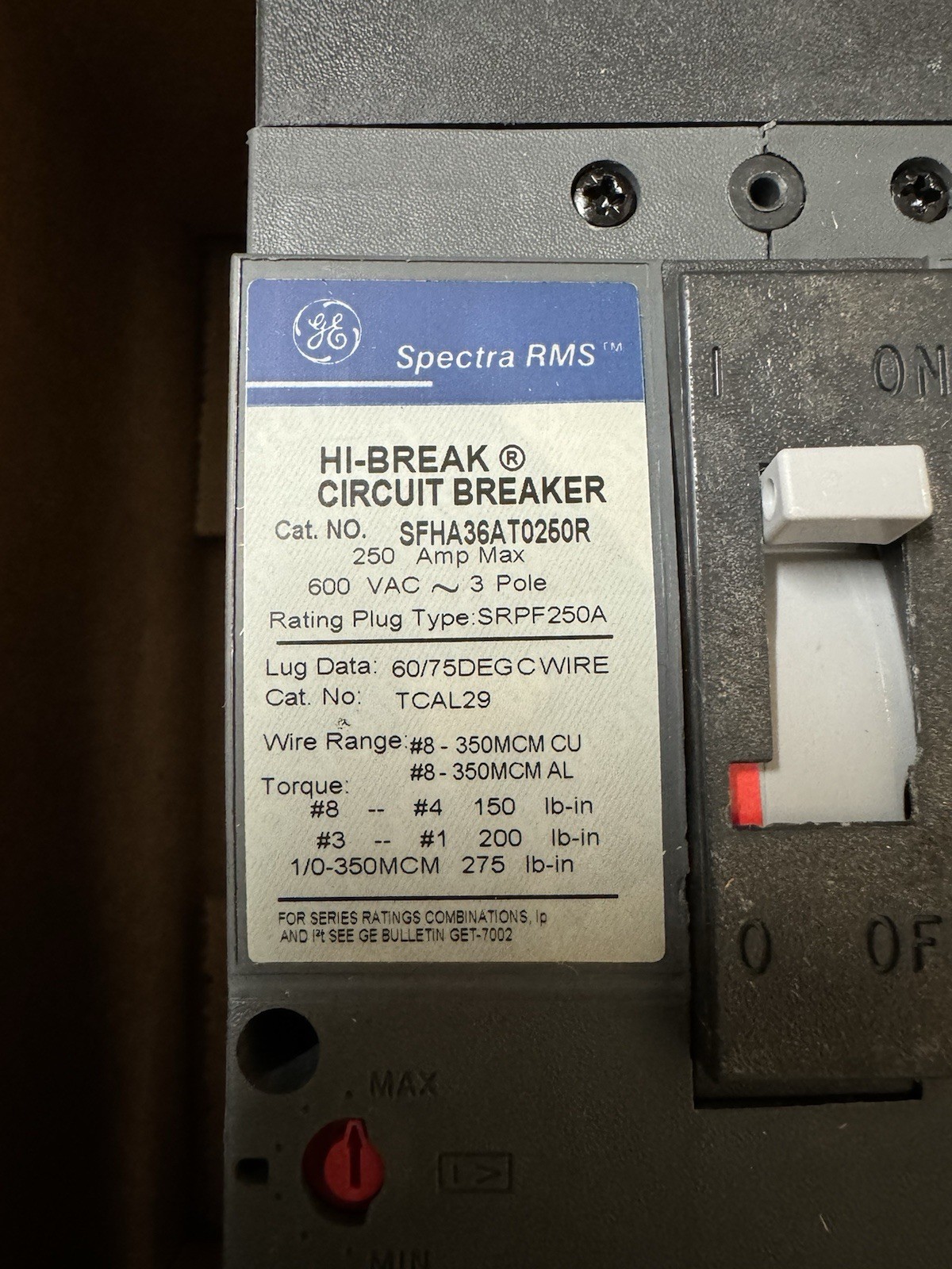 SFHA36AT0250 GE 250 Amp Frame 600V 3 Pole Bolt On Circuit Breaker New in Box